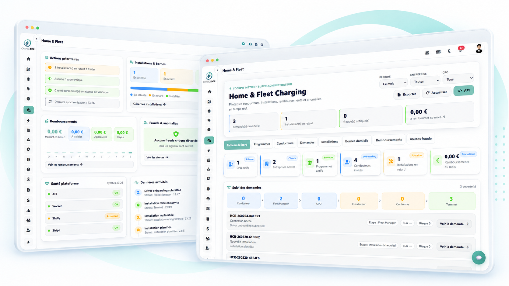 Cockpit multi-sites et tableau de bord Home & Fleet Charging ChargeMSI