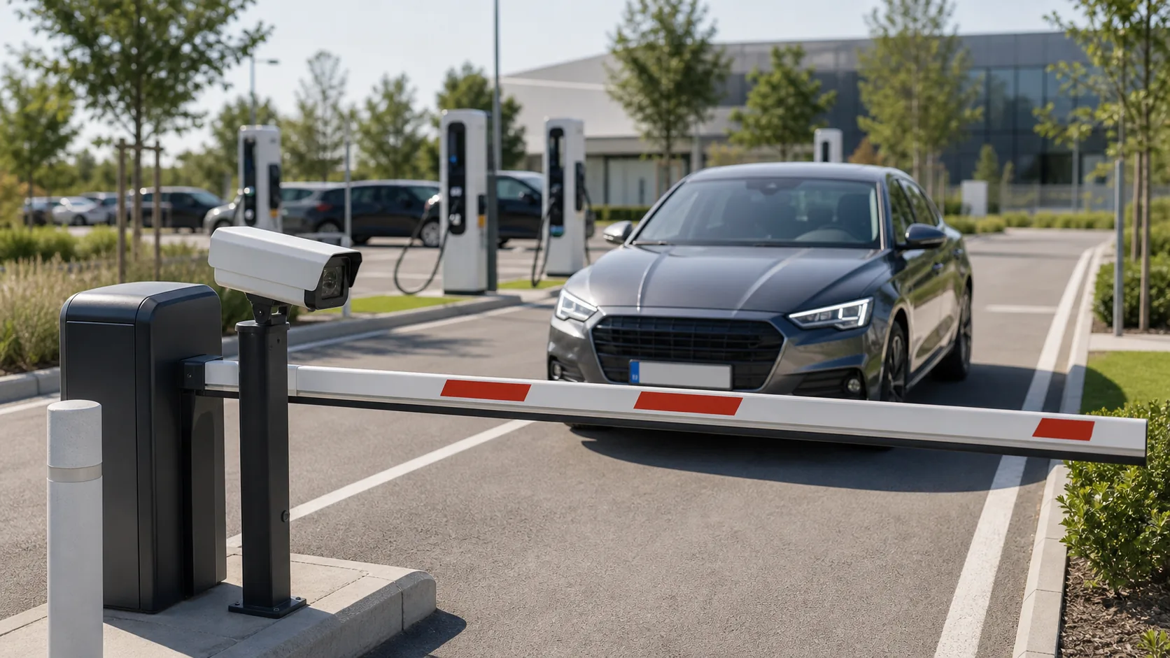 Parking access with license plate recognition camera and EV chargers