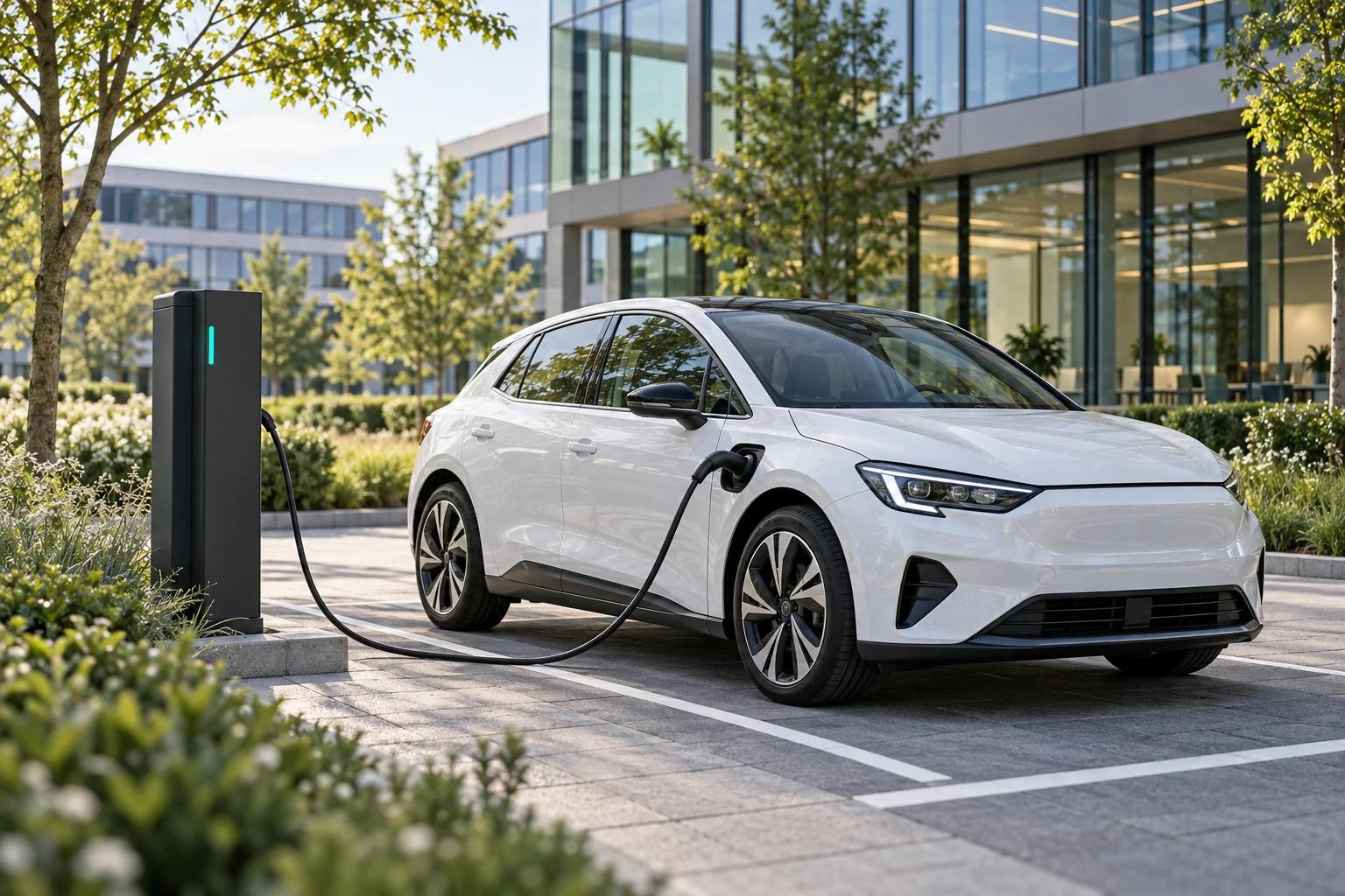 Voiture électrique connectée à une borne sur un site d’entreprise